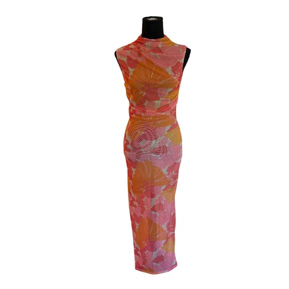 Tropical Coral Pink Orange Sheer High Neck Body Con Dress - s - Picture 1 of 6